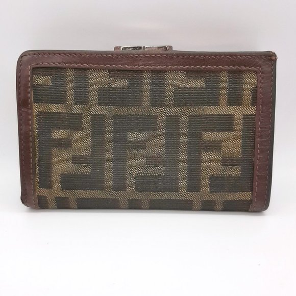 Fendi Zucca Bifold Snap Brown & Tan Leather Jacquard Small Wallet 5.25" X 3.25" - Picture 8 of 16